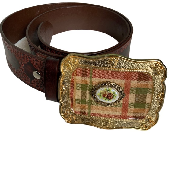 Vintage Tooled Leather Plaid Buckle Belt - Picture 4 of 7